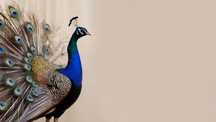 This stunning image captures a regal peacock standing tall with its tail gently spread, showcasing its majestic and elegant form. The rich, iridescent blues, greens.