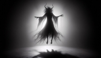 Fototapeta premium woman levitating from the darkness, black and grey gradient, foggy