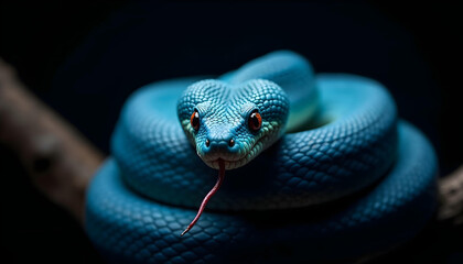 Obraz premium Vibrant Blue Snake Close-Up on Tree Branch with Black Background – Exotic Reptile, Wildlife Photography, Animal Portrait, Detailed Scales, Nature Image