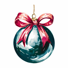 christmas ball with ribbon, watercolor illustration isolated on white background