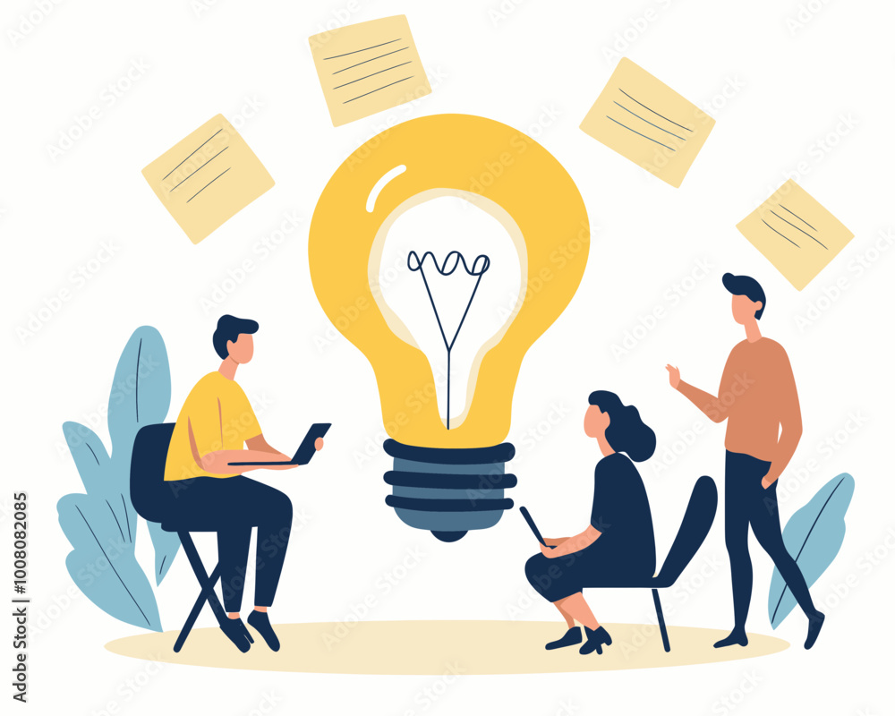 Poster team brainstorming and ideation session with light bulb concept, business people collaboration and s