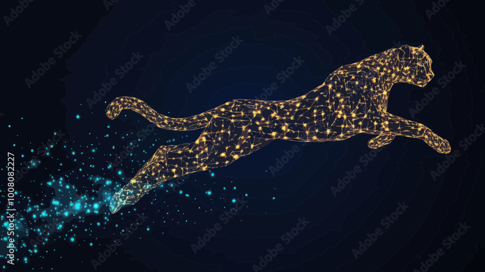 Poster dynamic low poly cheetah in motion with vector mesh spheres, jumping guepard, polygonal thin line co
