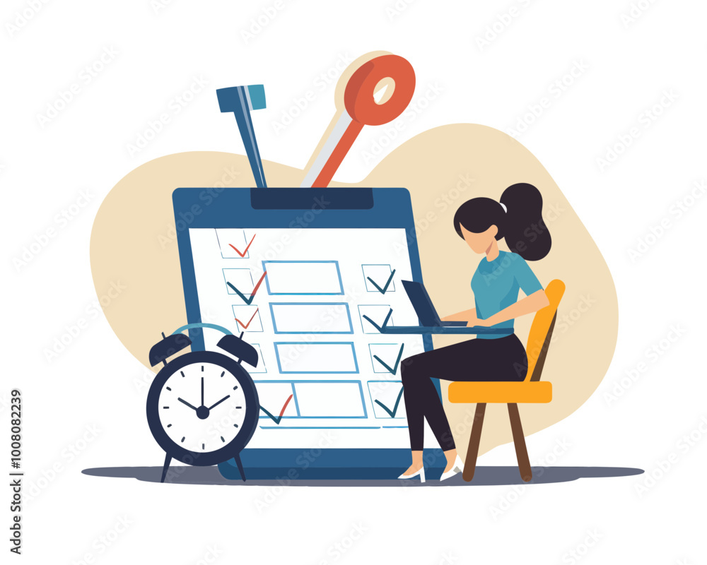 Poster flat svg vector of business woman using laptop with checklist and alarm clock for productivity and p