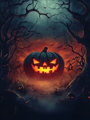 Fototapeta premium Eerie Illuminated Pumpkin Landscape Inviting for Halloween and Festivities