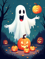A cheerful ghost surrounded by jack-o'-lanterns and glowing lights in a dark forest, perfect for fun and spooky Halloween designs..