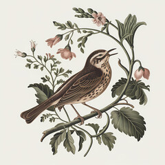 bird on a branch, songbird sitting on a branch with florals, vintage illustration, isolated on light background 