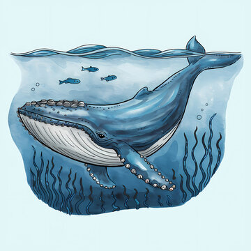 recommend clip art: whale in the water, whale swimming in the blue sea, line and wash, watercolor illustration ,  isolated on white background