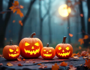 Four glowing jack-o'-lanterns on a wooden surface in a dark, foggy forest with a full moon and falling autumn leaves, perfect for Halloween..