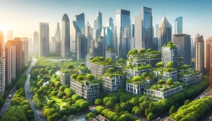 Obraz premium Modern urban skyline with greenery