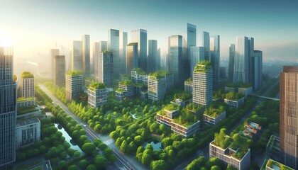 Obraz premium Modern urban skyline with greenery