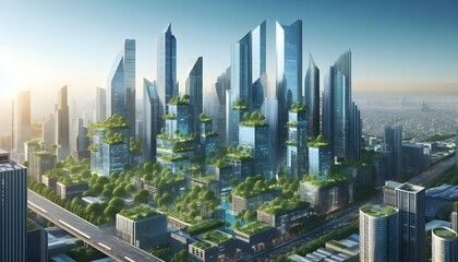 Modern urban skyline with greenery