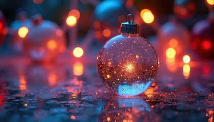 Sparkling glass bauble reflecting colorful holiday lights in a high-detail close-up perfect for seasonal decor.
