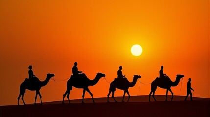 Silhouette of Camel Riders Against an Orange Hued Sky on a Desert Dunes Under Dramatic Sunset