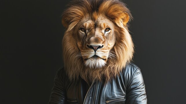 Lion with leather jacket, dark background