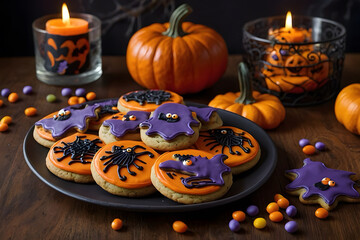 Delicious Halloween cookies on a rusty table