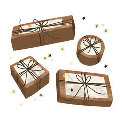 Christmas present in kraft wrapping paper. Rustic craft gift box. Handmade decoration, DIY. Xmas and New Year celebration. Vector flat cartoon illustration