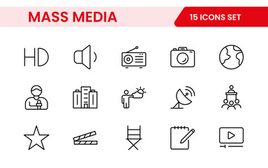 Mass media outline vector icons large set isolated on white background. media business concept. Media outline icons set.