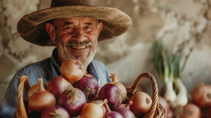 A senior man with a mustache smiles as he holds a basket full of onions.