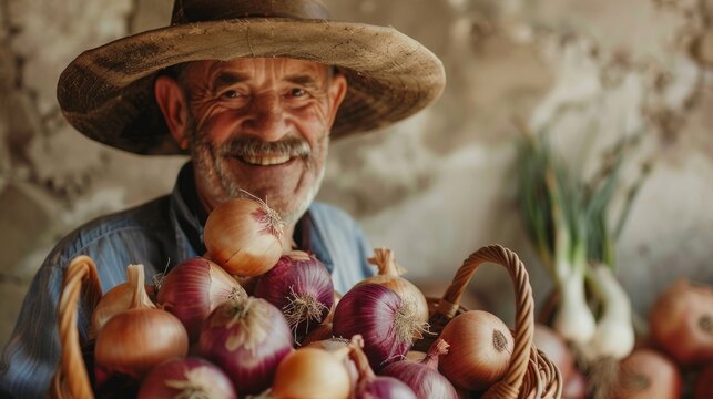 A senior man with a mustache smiles as he holds a basket full of onions.