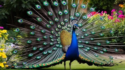 Obraz premium This captivating image showcases the vibrant beauty of a peacock proudly displaying its full, iridescent tail feathers in a lush garden brimming with flowers and greenery.