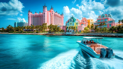 Luxury Motorboat Speeds Past Colorful Resorts on Tropical Island Vacation