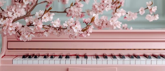 A serene image of a pink piano adorned with delicate cherry blossoms, blending music and nature in a harmonious setting.