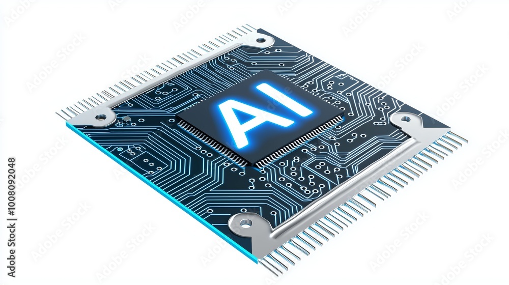 Poster futuristic microchip displaying ai technology on white background