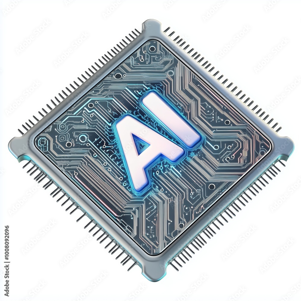 Poster futuristic microchip with ai display technology on white background