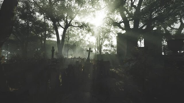 A misty graveyard at dawn reveals dark silhouettes of tombstones and trees. Sunlight filters through, casting ethereal shadows over the weathered graves and tranquil scene.