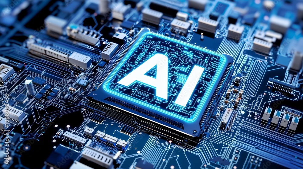 Poster glowing ai microchip on computer circuit board