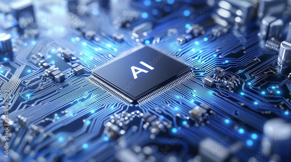 Poster detailed computer microchip with blue circuitry