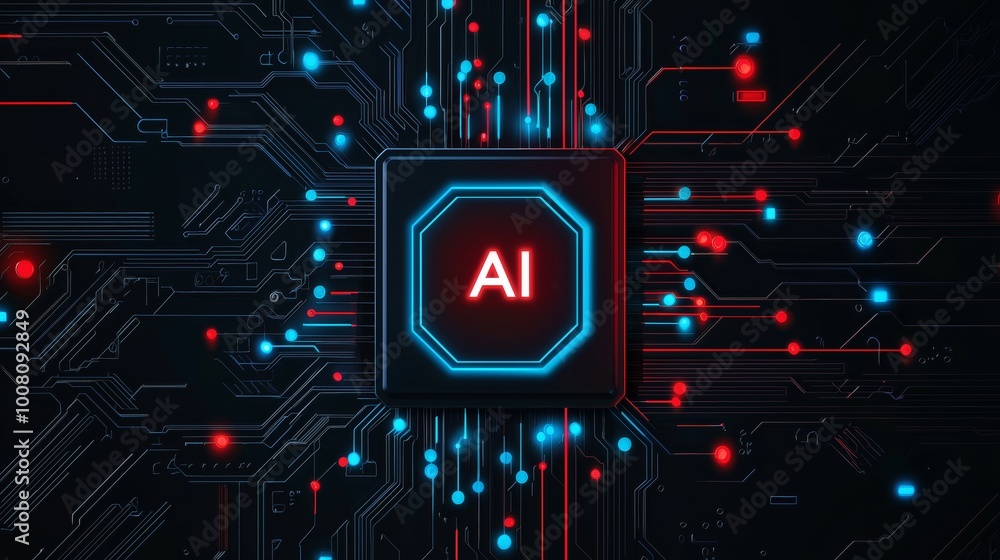 Poster futuristic microchip design featuring ai components