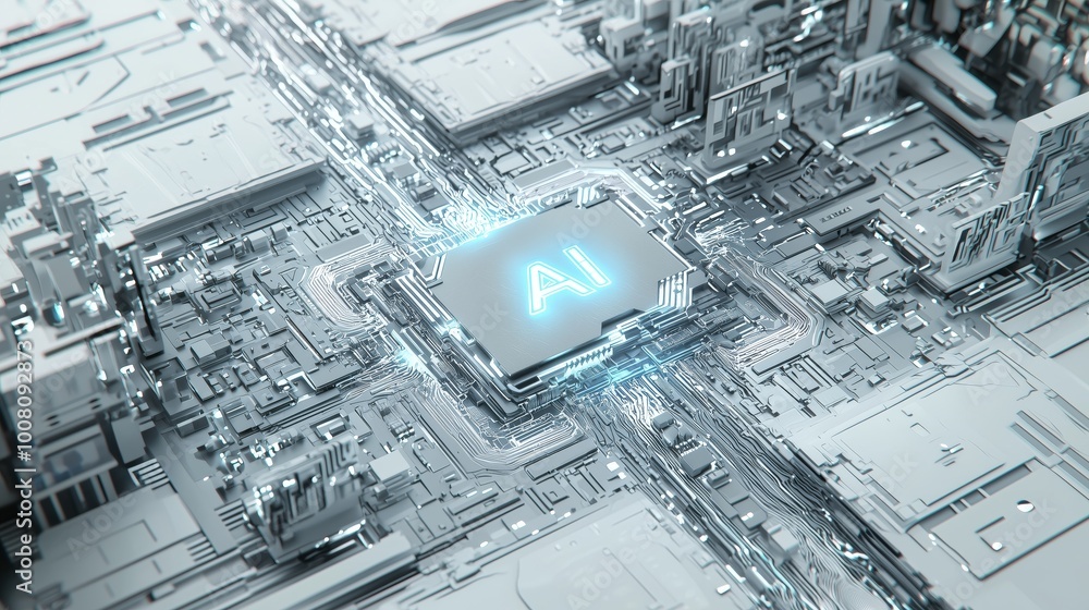 Poster futuristic microchip with ai glow in tech environment
