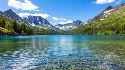 A beautiful lake surrounded by mountains with a clear blue sky