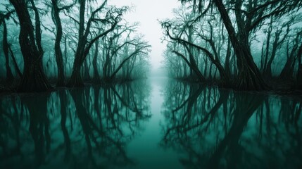 Obraz premium A forest with trees and water