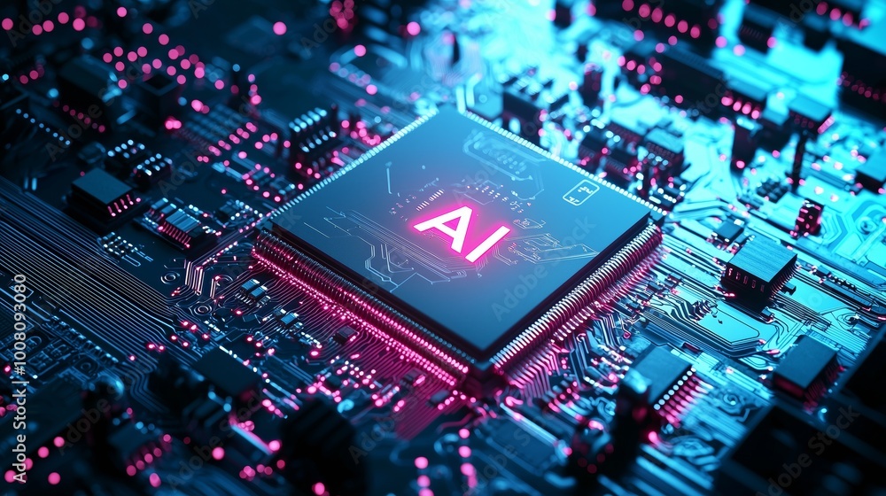 Poster close-up of futuristic cpu microchip with ai visualization