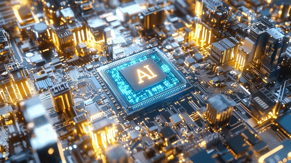 Poster futuristic microchip close-up with ai elements