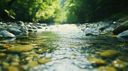 A stream of water flows through a rocky area