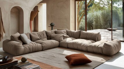 Fototapeta premium Low Profiles: This furniture style includes low-profile sofas and beds, which provide a grounded feel while maximizing the sense of space in the room. 