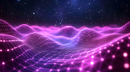 Abstract Neon Grid Landscape with Glowing Particles