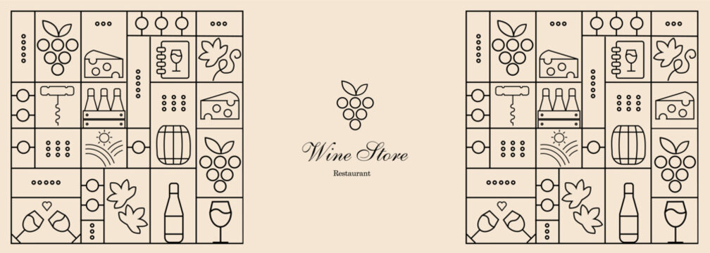 Wine pattern with  wine glasses, wine bottles, cheese, corkscrew, cork and abstract design elements in simple geometric style. Good for branding, decoration of wine package, cover design, menu.
