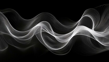 Abstract waves of white lines on a black background, create a sense of movement and depth. Abstract White Smoke Swirls on Black Background. Monochrome Wavy Lines