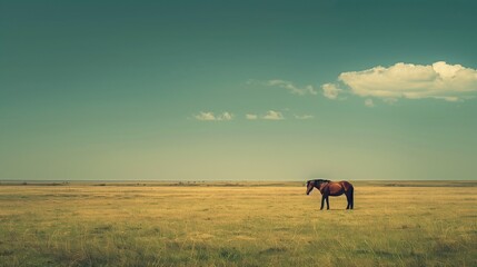 A single horse grazing in a wide open field.