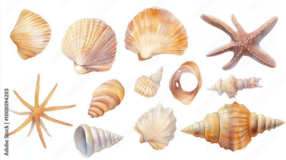 Poster a collection of various seashells and a starfish showcasing diverse textures and shapes against a wh