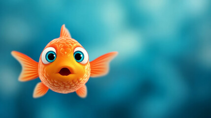 Fototapeta premium A cartoon goldfish with big blue eyes swims in a blue aquarium, looking surprised.