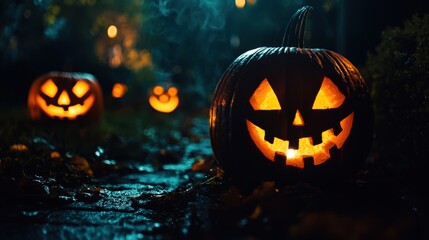 Fototapeta premium Carved pumpkins with sinister faces glowing in the night, casting eerie shadows on the ground, creating a spooky Halloween atmosphere