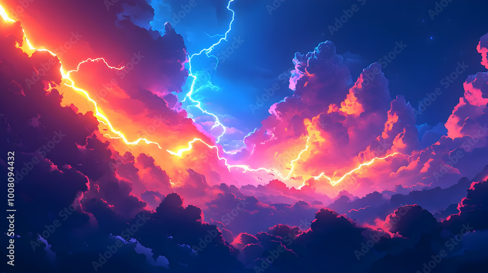 Aufkleber abstract sky with lightning and colorful clouds - dramatic digital art background animation