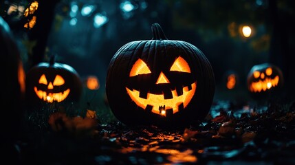 Fototapeta premium Carved pumpkins with sinister faces glowing in the night, casting eerie shadows on the ground, creating a spooky Halloween atmosphere