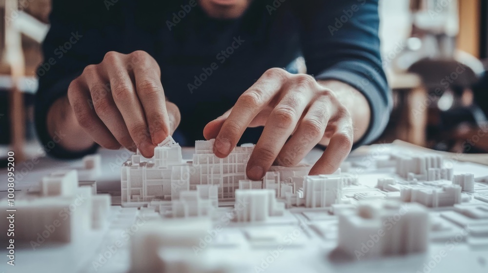 Poster a person arranges a detailed architectural model, focusing on the intricate design and layout of a m