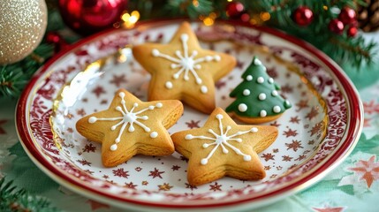 Christmas cookies shaped like stars and trees, beautifully arranged on a festive plate, decorated with colorful icing and sprinkles for a cheerful holiday touch